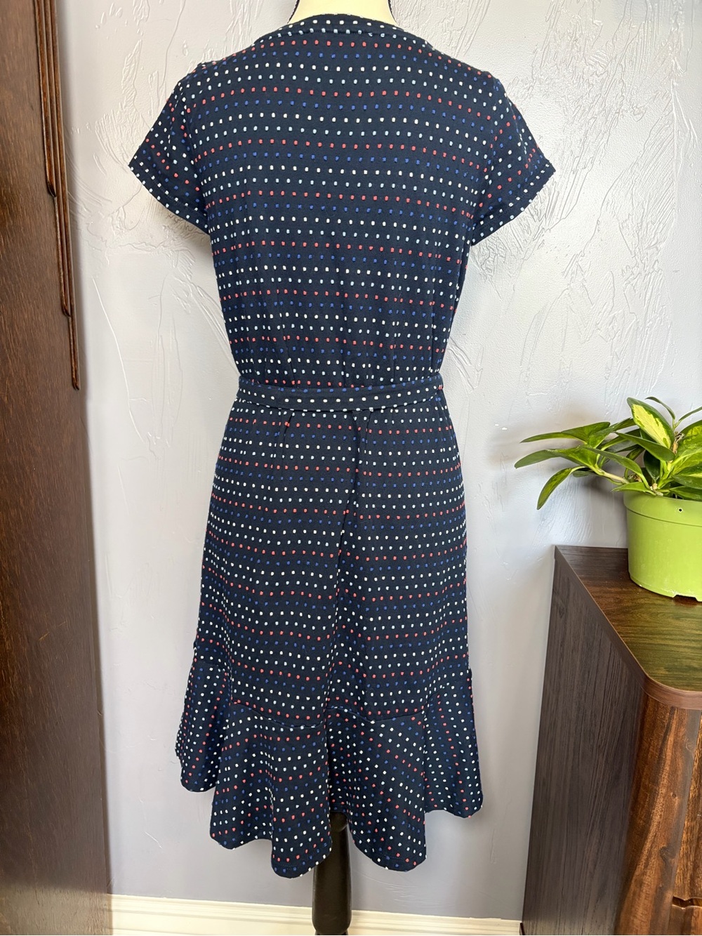 Loft Texture Navy Polka Dot Tie-Waist Dress 100% Cotton XS - Picture 4 of 7